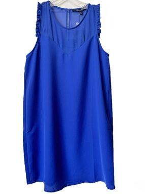 19 Cooper Cobalt Blue Sleeveless Shift Dress Small Ruffle Shoulder Sheer NWT